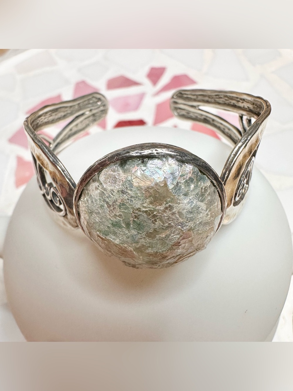 Vintage Hallmarked Israel 925 Sterling Silver & Roman Glass Bracelet by PZ PAZ